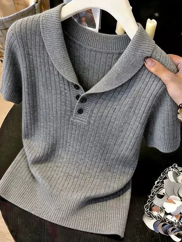 

Fashionable Retro Short Sleeve T-Shirt Knitwear Women's Summer New Style Slimming Collared Versatile Top Knitted Medium Softness