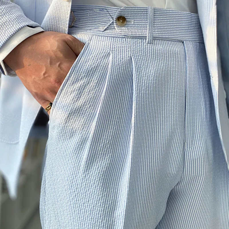 Sky Blue Seersucker High Waist Straight Pants British Petty Bourgeoisie Blue Stripe Italian Casual Trouser Men Pantalones Hombre