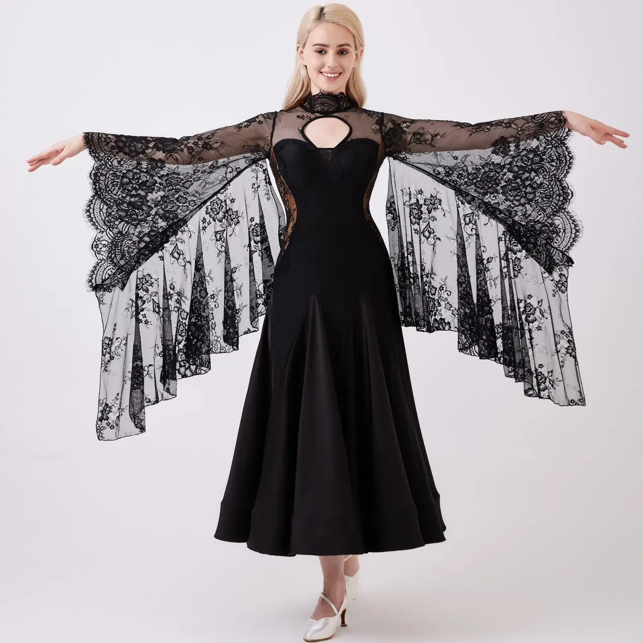 Black Lace Ballroom Dance Dress Women Prom Waltz Dance Practice Clothing Tango Dance Performance Costume Flared Sleeves Dress