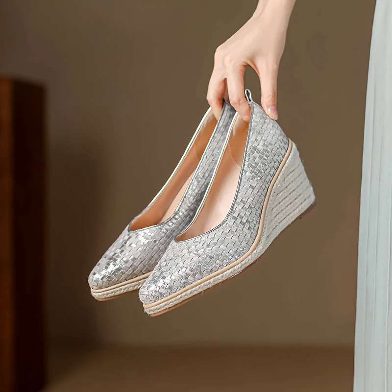 

Genuine Leather Cowhide Woven Toe-Covering Women Wedges High Heels Elegant Women pumps Silver Shoes