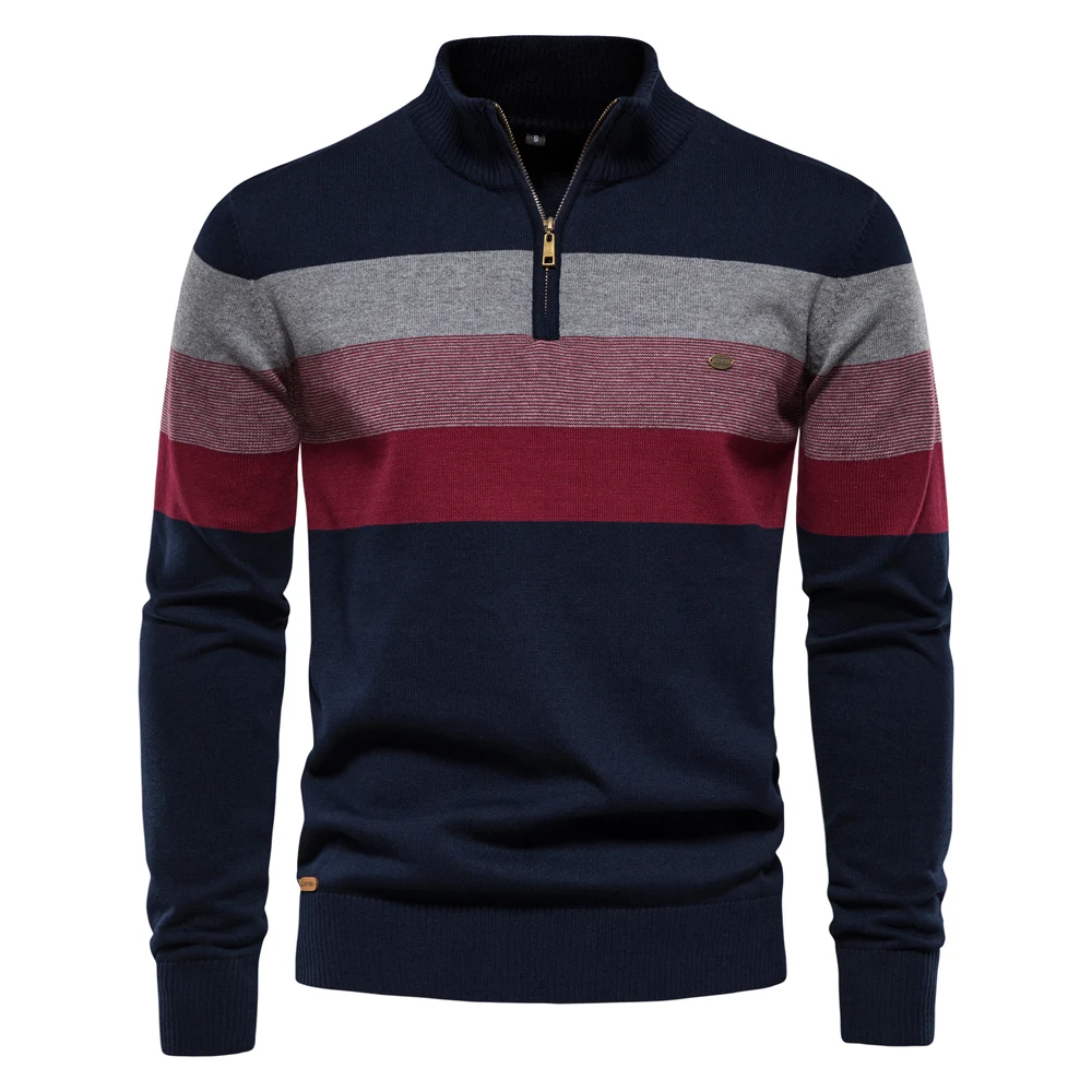 AIOPESON Cotton Strip Pullover Sweater for Men Quarter Zipper Autumn Winter Warm Casual Business Knitted Mens Sweaters