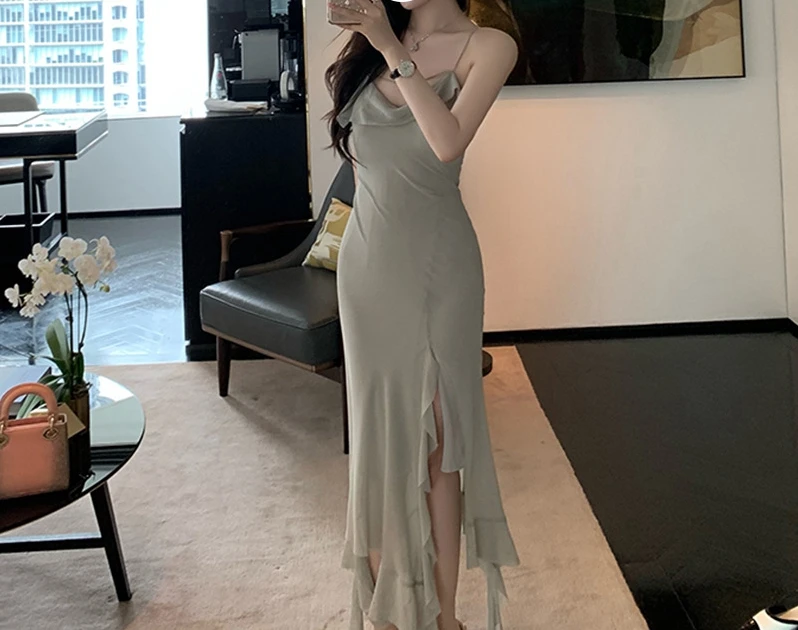 Lingzhi Wu French Elegant Slim Sexy Irregular Long Dress Slit Top Quality Chiffon Long Vestidos Spaghetti Strap Unique Dresses