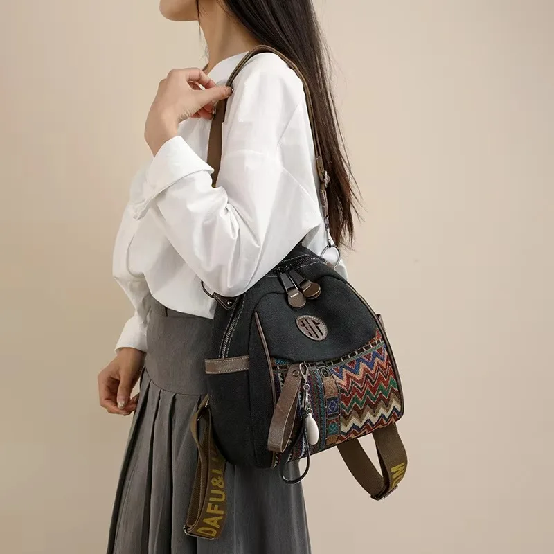 Women Denim Ethnic‑Style Embroidery Backpack, New Large‑Capacity Versatile Crossbody Bag