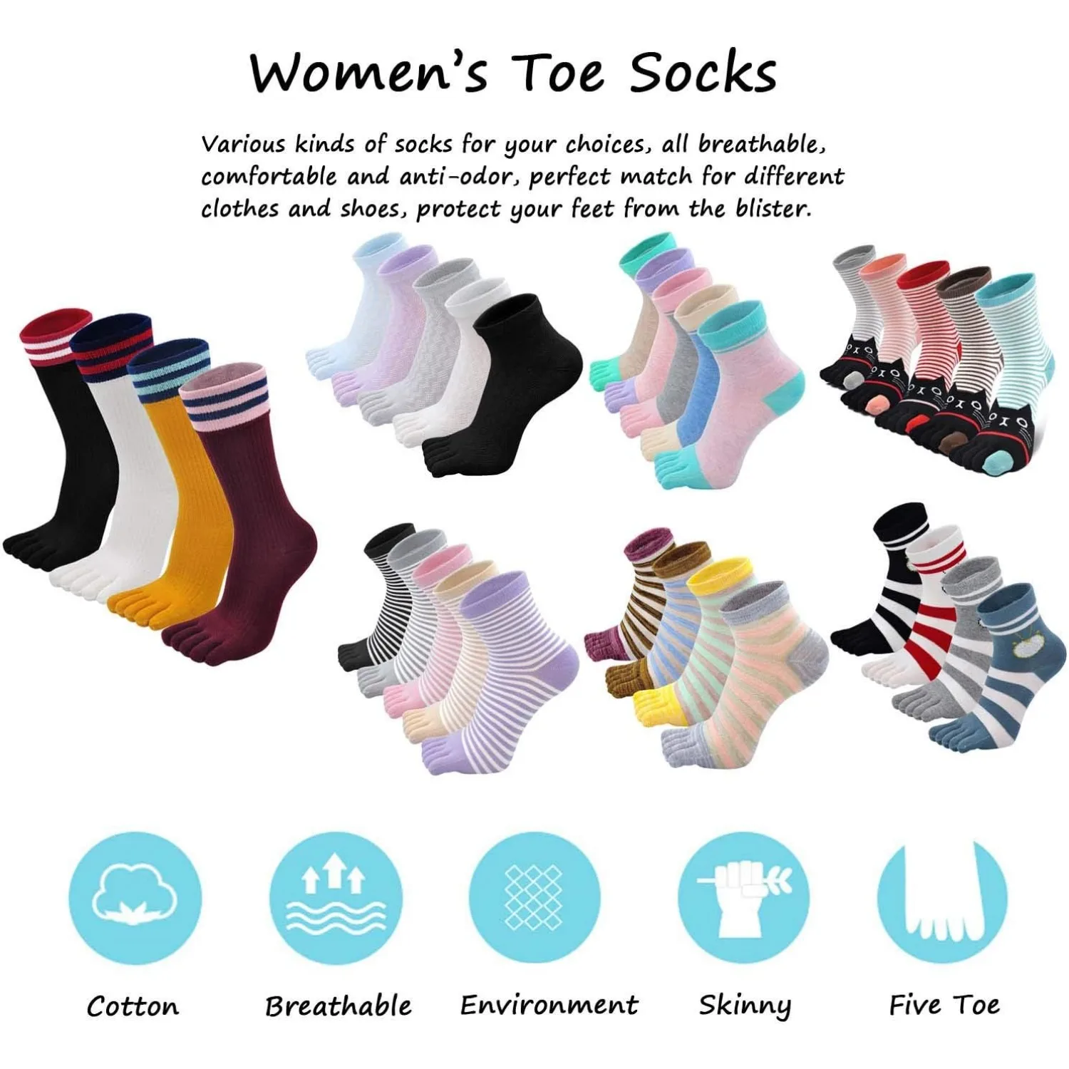 New Women Toe Socks Funny Five Fingers Socks Colorful Striped Printed Cotton Breathable Women\'s Crew Socks Athletic Running Sock