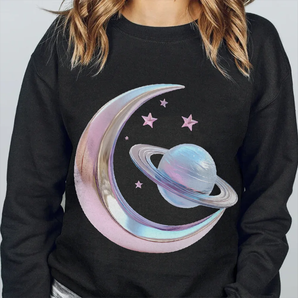 

Moon and Planet Print Y2k Graphic Sweatshirt Celestial Dreamy and Cosmic Kpop Style Soft Fabric for Space-Themed Casual Looks