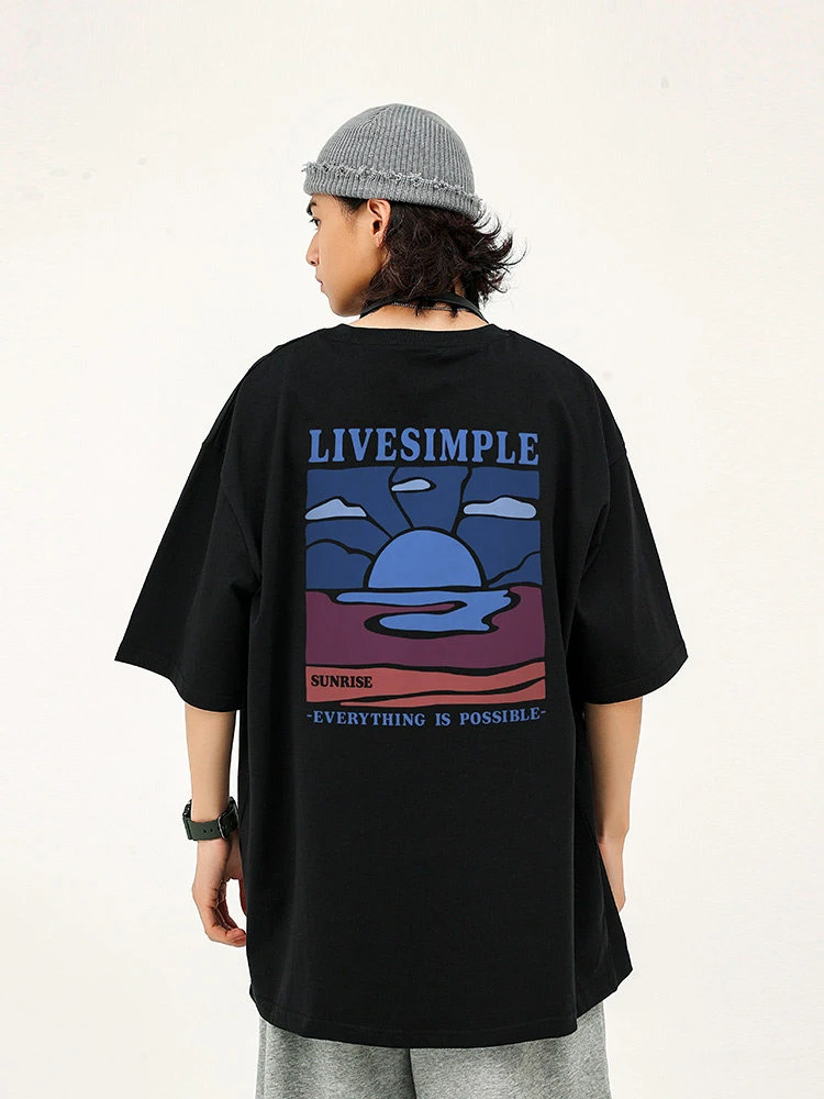 West Coast Impression Sunrise Oversize Short Sleeve Summer New American Multi-color Outdoor Neutral Pure Cotton Half Sleeve