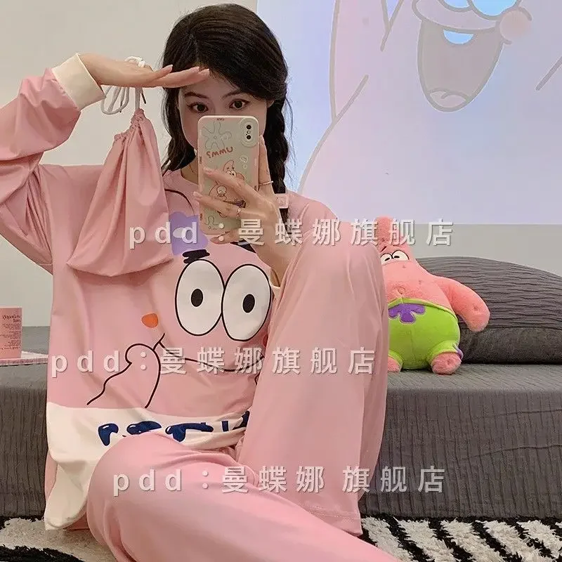 SpongeBob Patrick Star Pajamas Suit Anime Cute Women  Long Sleeve Cartoon Two-pieces Autumn Winter Fashion Girls Sleepwear Set