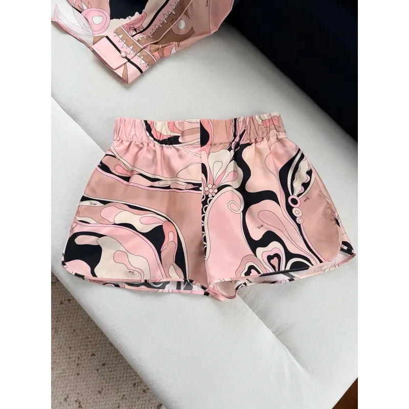 2026 Women Geometric Pattern Printed Elastic Waist Silk Shorts