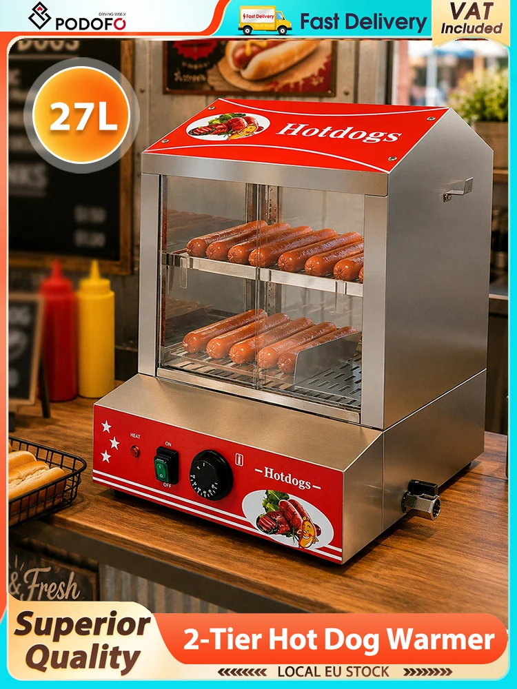 Podofo 1000W Kommerzieller Elektrischer Dampfgarer 2-stufiger Automatischer Kommerzieller Hot-Dog-Grill Wurstgrill Tragbarer Elektrischer Barbecue-Grill Edelstahl