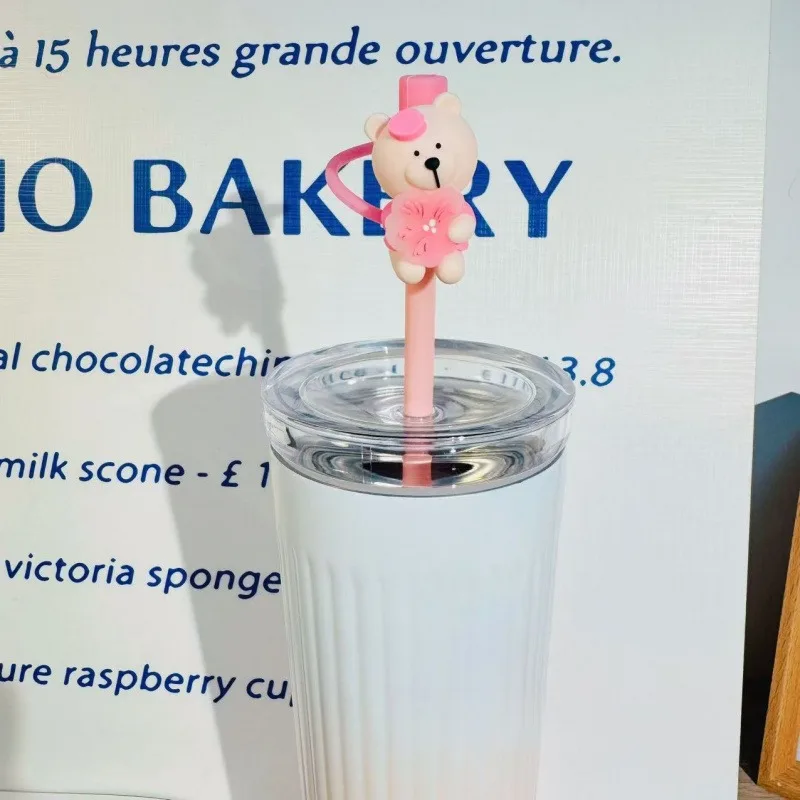 لطيف الوردي الدب سيليكون غطاء تغليف من القش مناسبة ل Starbucks 7-8 مللي متر القش مقاومة للحرارة الغبار القش التوصيل كأس الملحقات #4