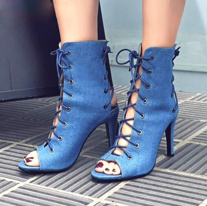 

Summer Women Peep Toe Cross-tie Denim Cloth Ankle Boots Sexy Slingbacks Stiletto High Heels Cowboy Lace-up Botties Shoes Woman