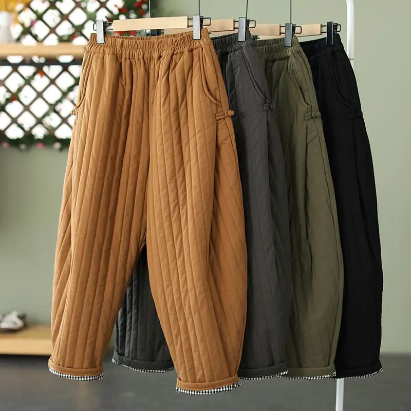 2023 Winter Warm Clip Cotton Thickened Retro Down Cotton Pants for Women\'s Outwear Elastic Waist Loose Relaxed Pants