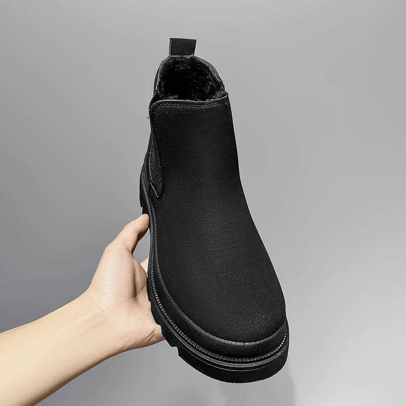 Men's Chelsea  Boots Winter Warm Fleece Lined Chelsea Work Boots Black Leather Booties Youth Trend Korean Style Short Boot