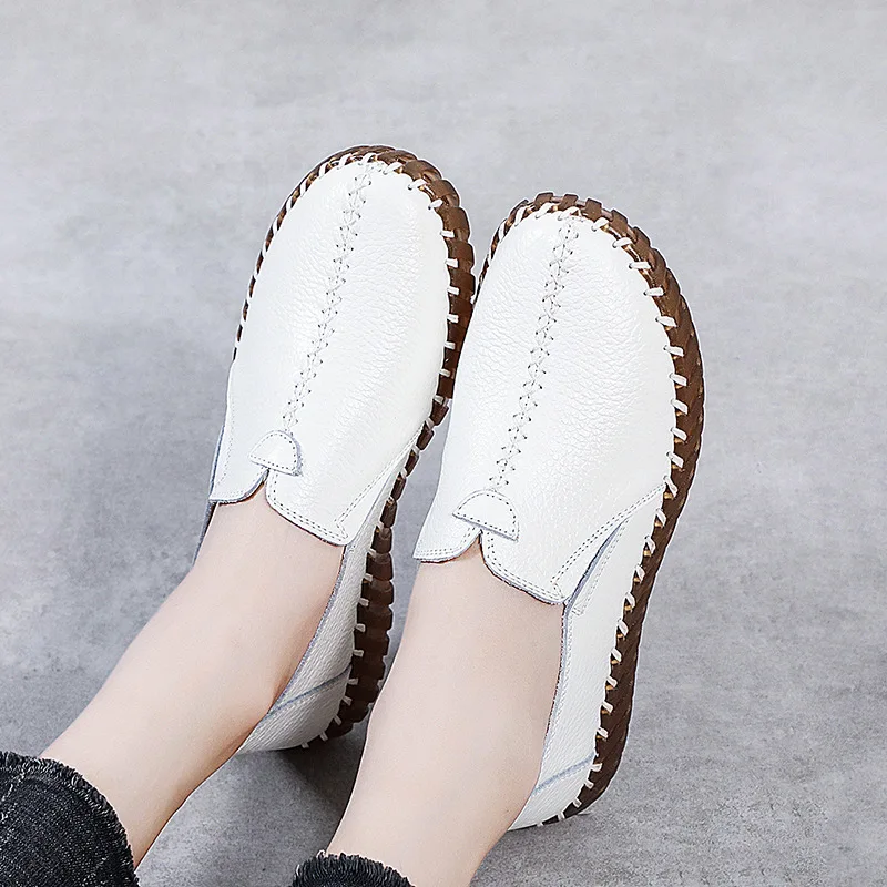 Autumn Wide Width Women Shoes Genuine Leather Ballet Flats Women\'s White Loafers Driving Moccasins Ladies Shoes For Foot Bones