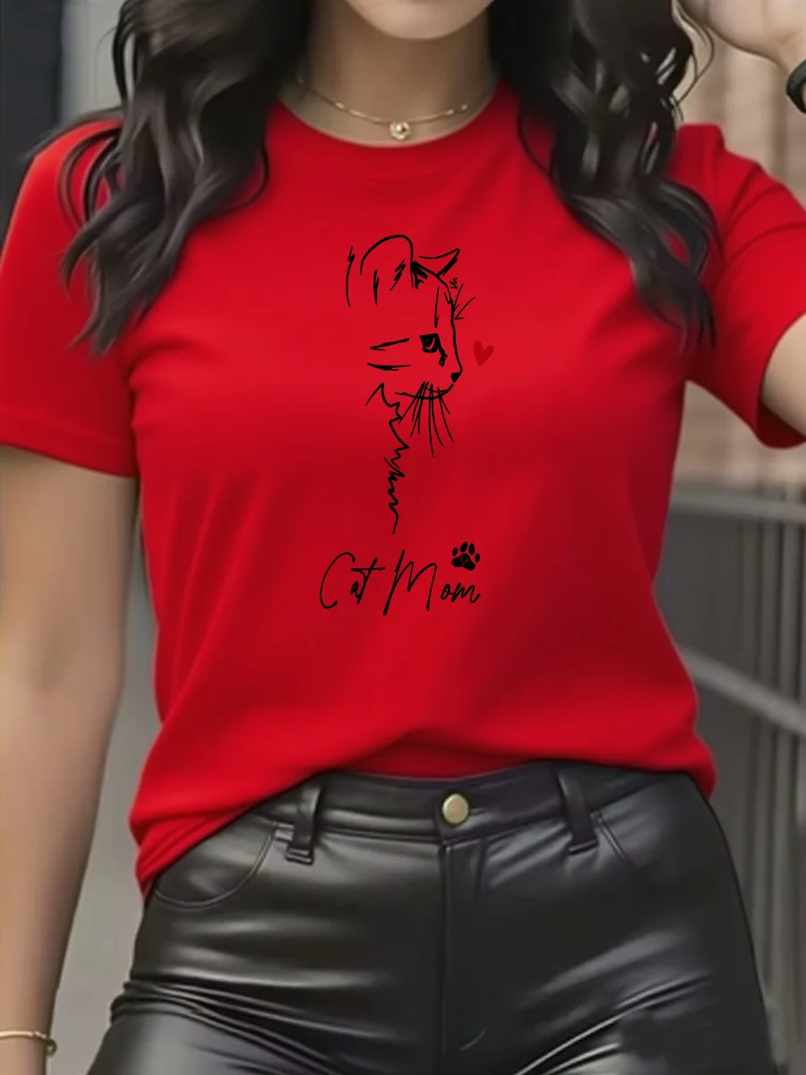 猫ママへの母の日のギフト - かわいい猫ママの漫画プリントが入った女性用カジュアル半袖Tシャツ ホワイト＆ブラックグラフィック