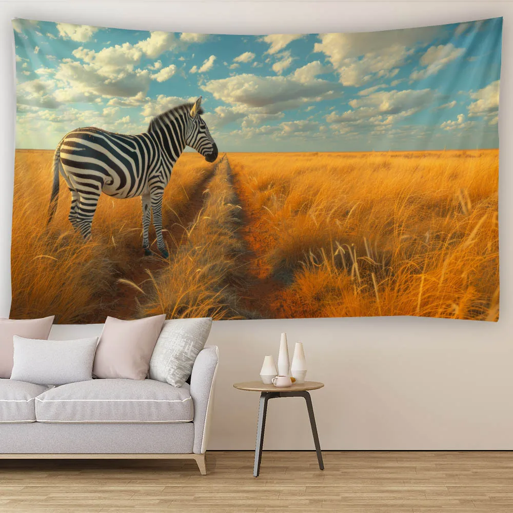 African Wildlife Tapestry Wall Hanging Zebra Giraffe Elephant Art Decor Aesthetic Living Room Bedroom Background Poster