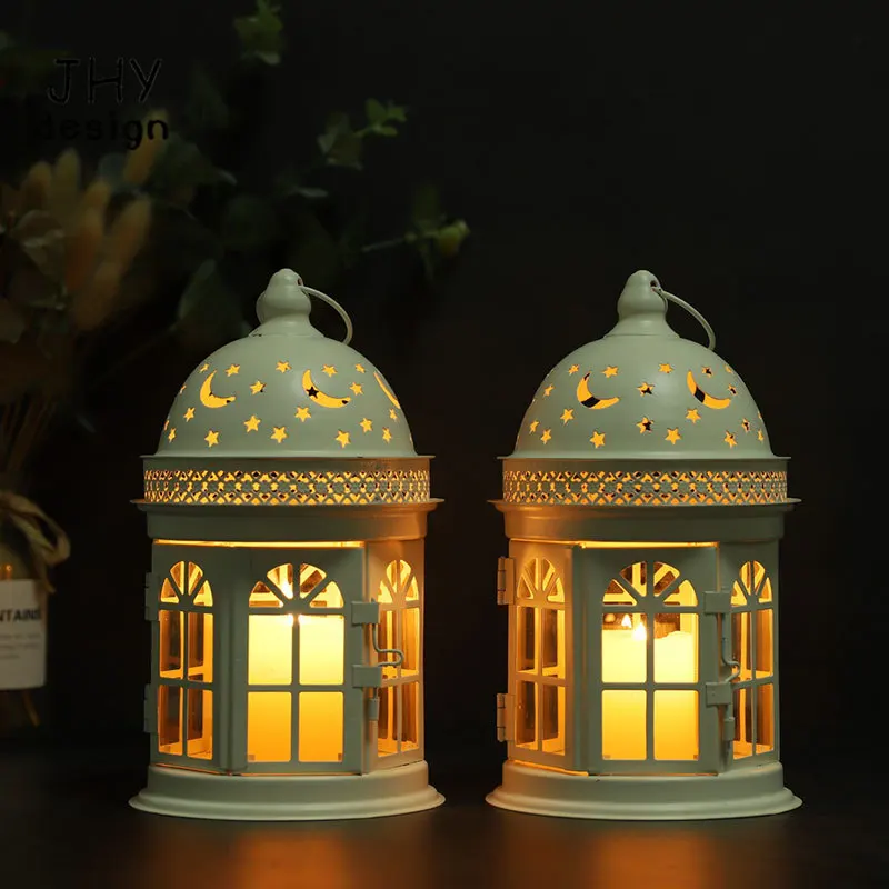 Set of 2 Decorative Lanterns-8.5 inch High Vintage Style Hanging Lantern Metal Candle Holder for Indoor Outdoor Events Weddings