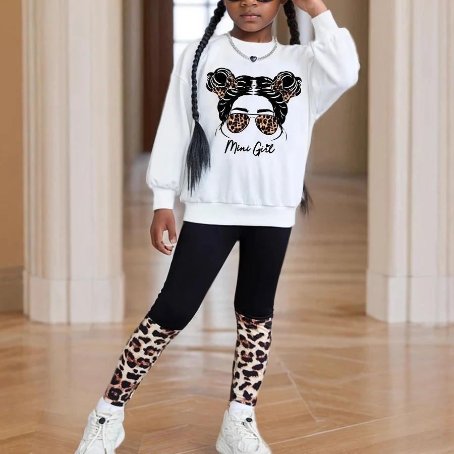Girls Spring Autumn Fashion Clothing Sets Baby Girl Long Sleeve Cartoon Print Sweatshirt + Leopard Tight Trousers Sports Suit
