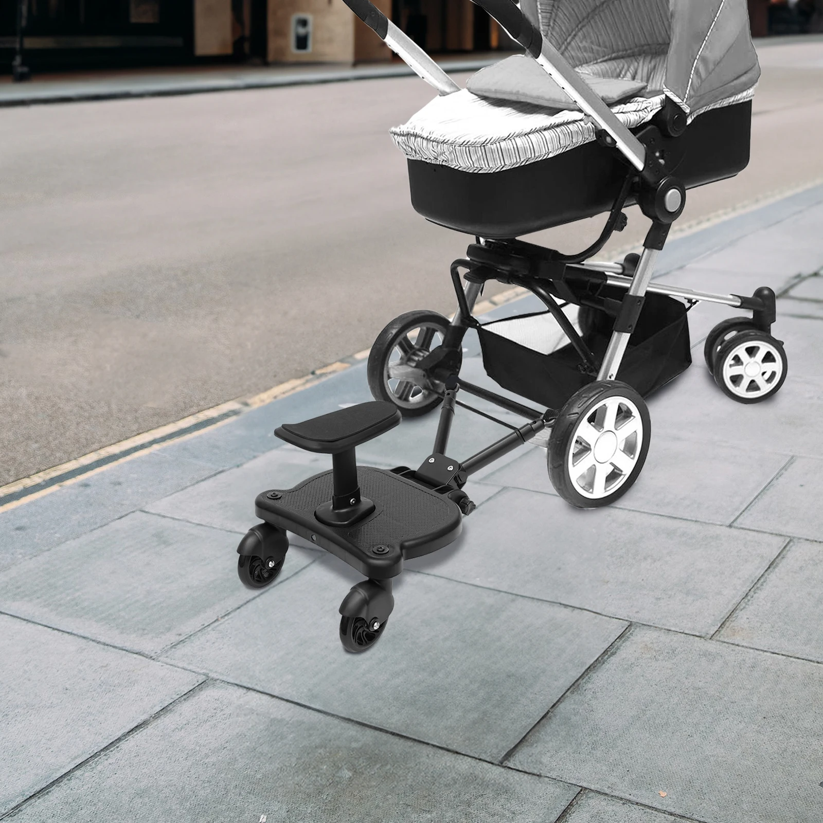 

Black Baby Stroller Auxiliary Pedal Adjustable Length and Height with Detachable Seats and Wheels for 3-7 Years Old Children