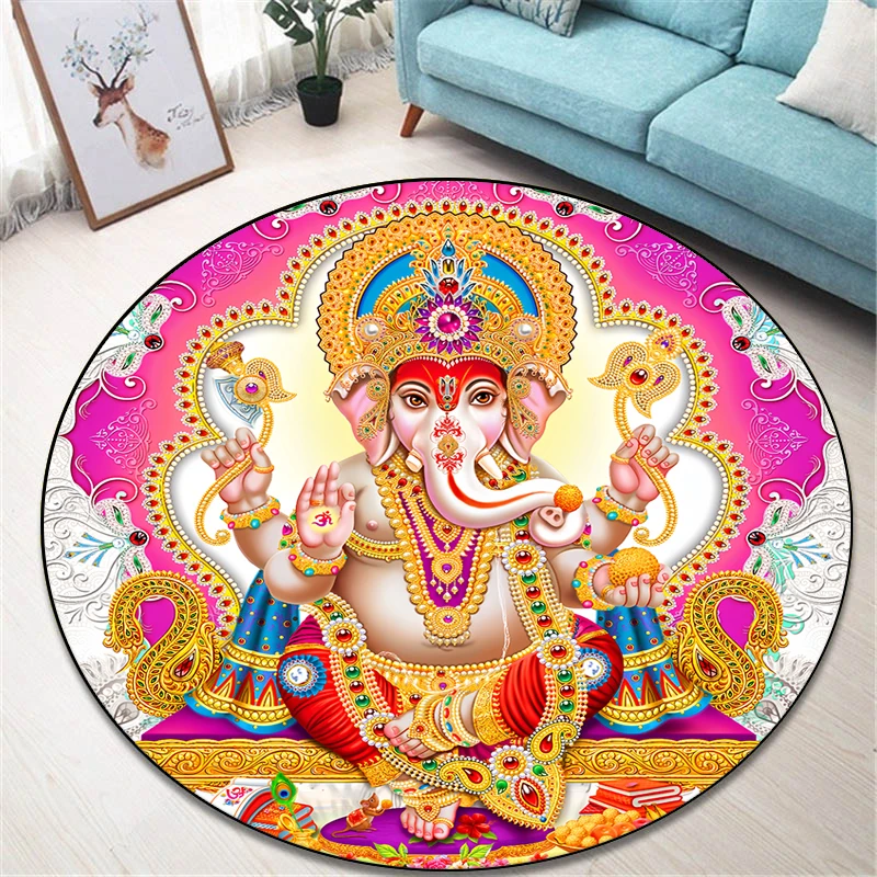 Indian Elephant God Ganesha Round Carpet for Living Room Rugs Camping Picnic Mats Flannel Anti-Slip Rug Yoga Mat Prayer Carpet