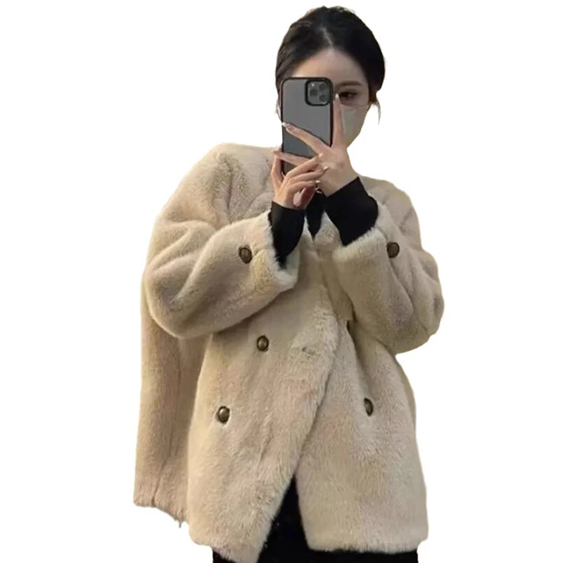 Winter High-quality Mink Short V-neck Fur One-piece Mink Plush Fur Coat for Women Jacket New Arrival