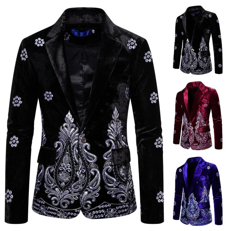 

Autumn Men's Retro Slim Blazers Coats New Velvet Single Breasted Jackets Male Fashion Silver Embroidery Everything Suits Dress