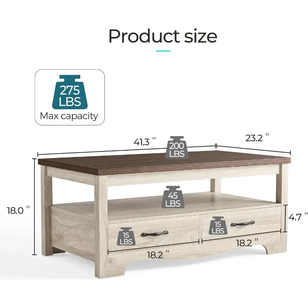 Mesa de centro de madeira para sala de estar, área de exibição aberta e gavetas de armazenamento com alças de metal, estilo chique com base curvada