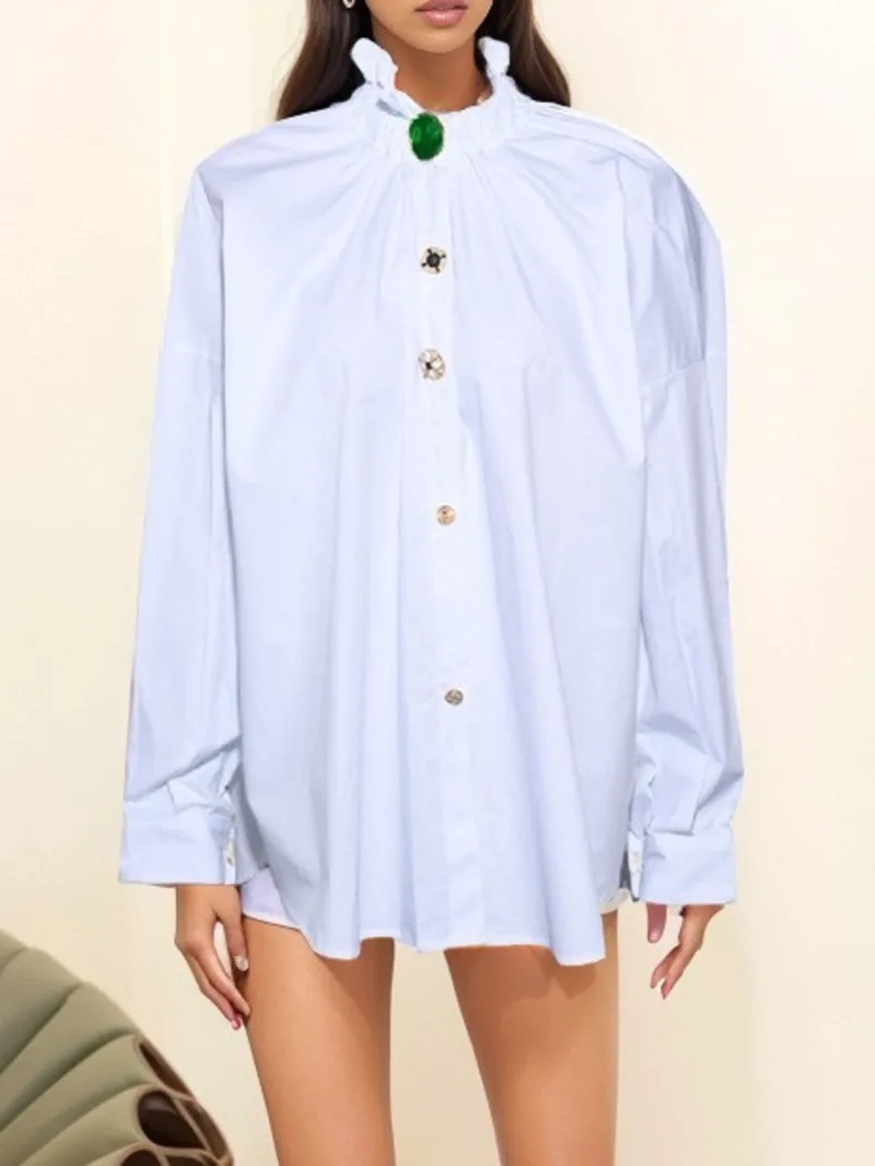 Big Button Women Size Decoration Blouse New Stand Collar Long Sleeve Loose Fit Shirt Fashion Spring Autumn 2026 1DD07