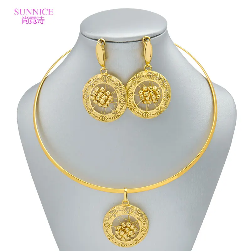 Luxury 18K Gold Plated Necklace Drop Earrings Jewelry Sets for Women Round Conjuntos De Joyas For Party Fashion Accessories