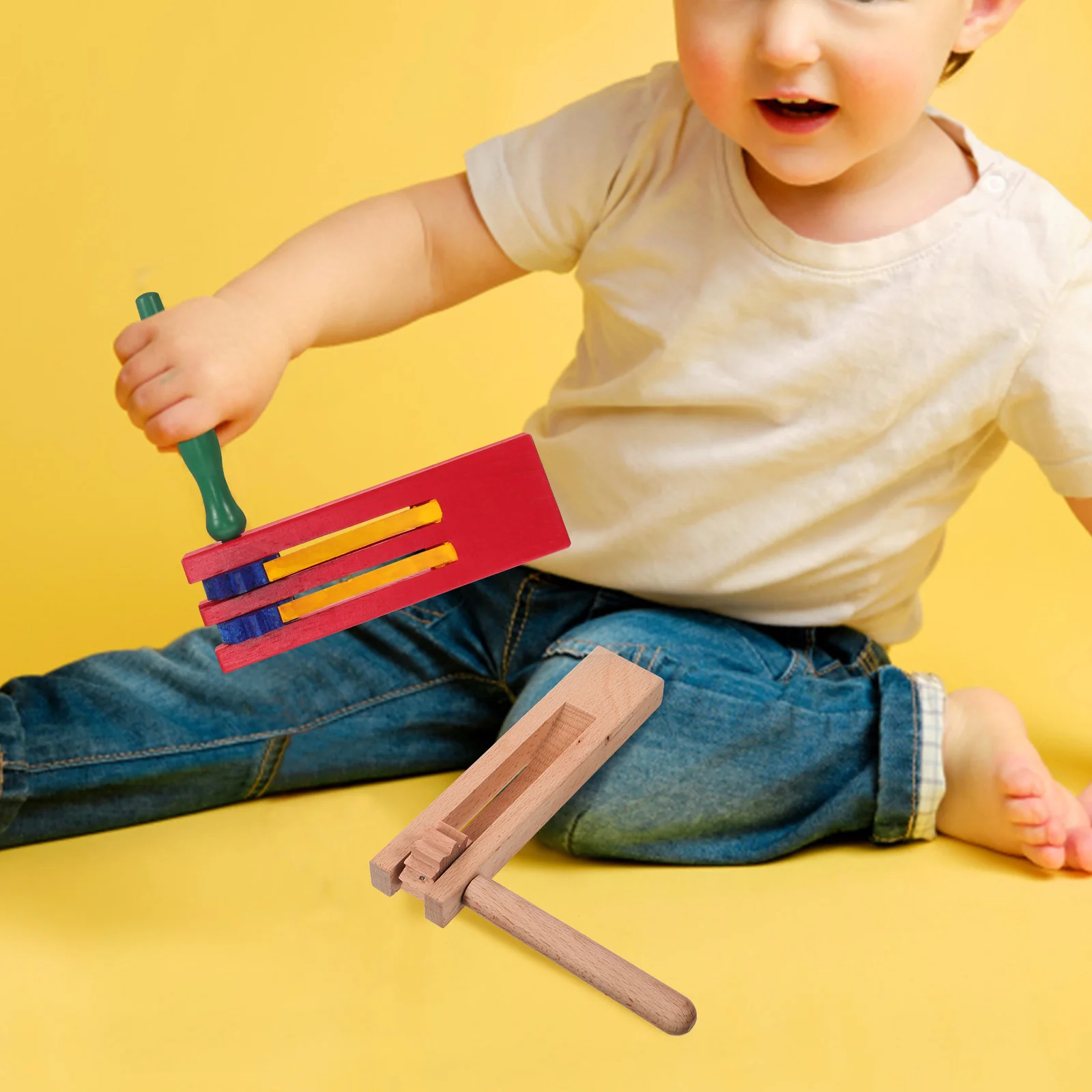 2-teiliges Orff-Musikinstrument für Kinder, Kastagnetten, Soundboards, Handpercussion, Holzfarbe, Holzratsche, drehbar