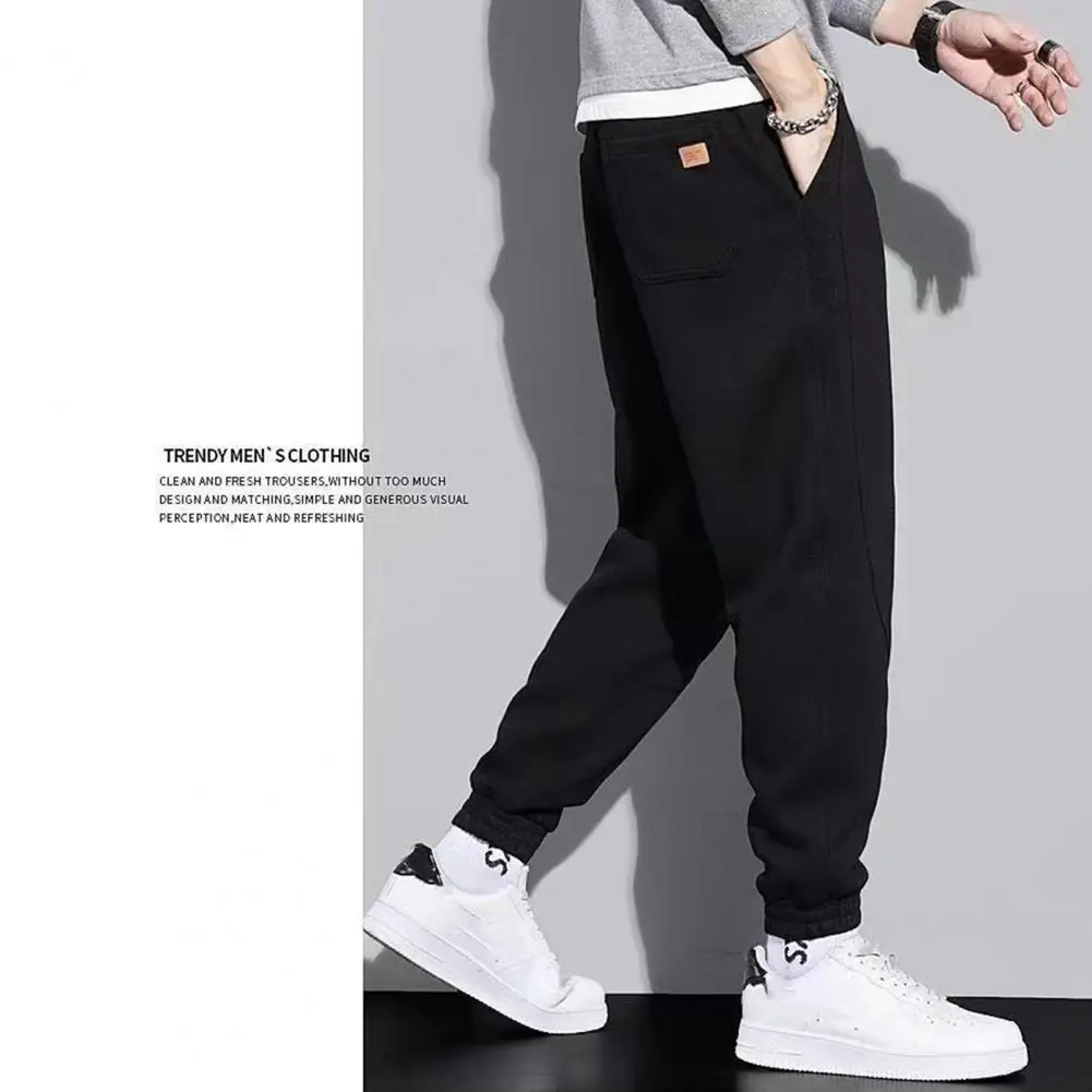 

Men Reinforced Pocket Pants Cozy Men's Winter Pants Ankle-banded Warm Soft with Pockets Elastic Waist Mid Waist Plush for Men