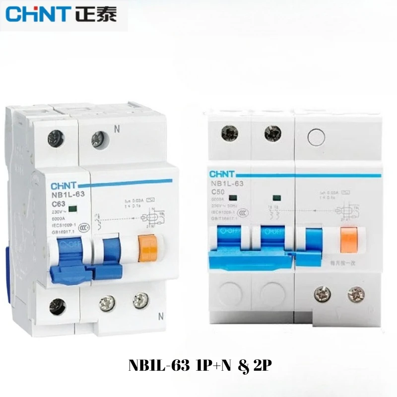 

Chint NB1L-63 1P 2P Residual Current Operated Circuit Breaker 50A 63A 30-300mA Overload Short Circuit Protection