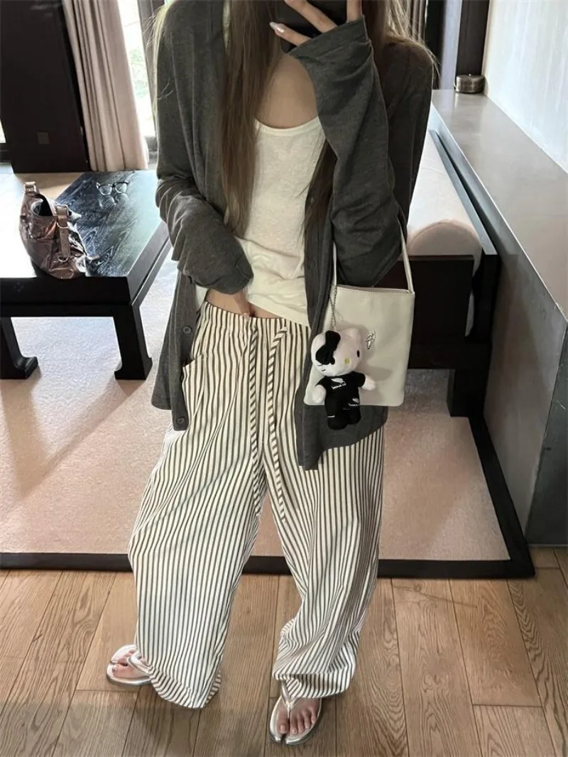 

Striped High Waisted Casual Pants for Women in Spring and Summer Versatile and Slimming Loose and Wide Leg Floor Length Pants