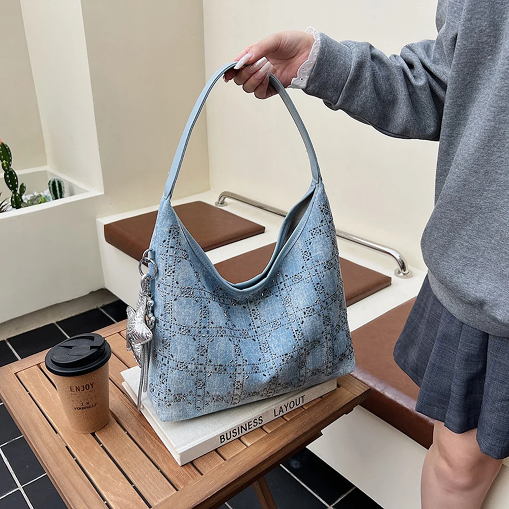 حجر الراين مزين الدينيم حقيبة كروسبودي كتلة اللون حمل المحفظة التصميم الكلاسيكي أكياس نمط الحد الأدنى للاستخدام اليومي للتنقل #5