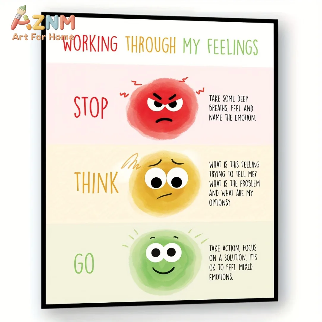 AZNM Working Through My Feelings Canvas Wall Art Kids Emotion Regulation Poster Classroom Counselor Office Decor Unframed Print