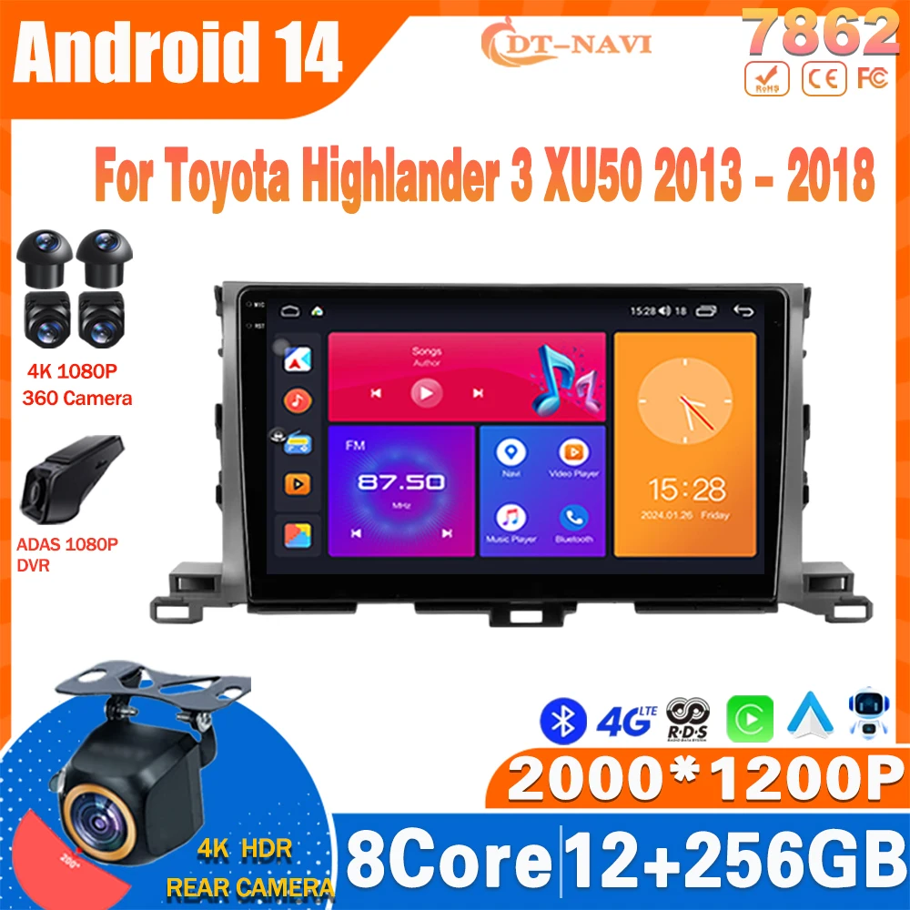 

Android 14 Car Radio For Toyota Highlander 3 XU50 2013 - 2018 Multimidia Video Player Navigation GPS Carplay Stereo NO 2Din DVD