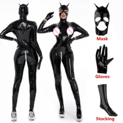 Women Sexy Zipper Open Crotch Shiny Leather Jumpsuits Set Erotic Open Breast Exposing Wetlook Latex Bodysuit Long Sleeve Catsuit