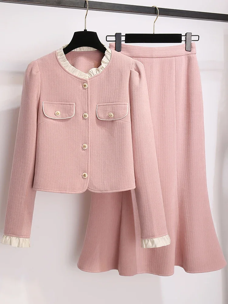 French Elegant Commuter Skirt Sets Ruffle Collar Long Sleeve Top High Waist Sheath Fishtail Skirt Two Piece Sets Women Outifits