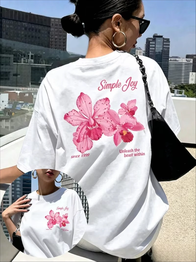 Unisex Pink Orchid Flower Graphic T‑Shirt Simple Joy Floral Art Print Short Sleeve Tee Casual Streetwear Men Women Gift