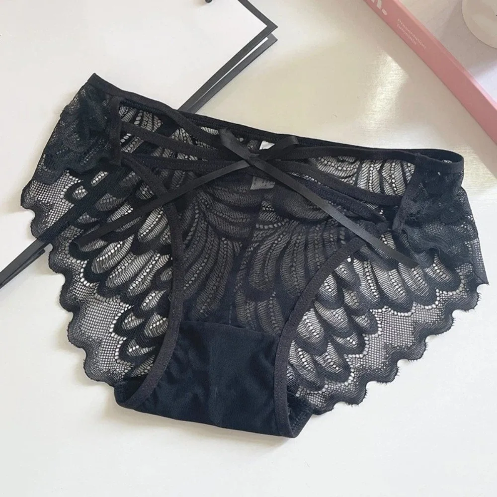 

Breathable Low Waist Lace Panties Transparent Bow Underwear for Women Lingerie Thin Strap Mesh Flower Briefs Female