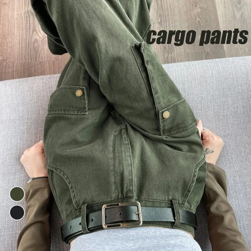 HOUZHOU Y2K Cargo Jeans Denim Pants Women Green Wide Leg Cargo Trousers Female Korean Streerwear Hip Hop Pockets Casual Retro