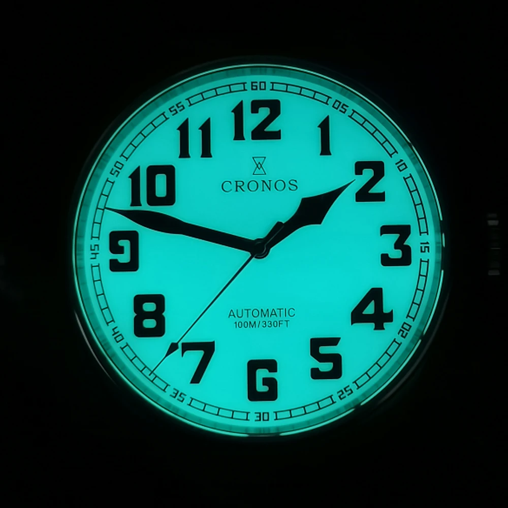 CRONOS Mens Pilotนาฬิกาอัตโนมัตินาฬิกาข้อมือทหารLuminous Dial 100Mกันน้ําPT5000