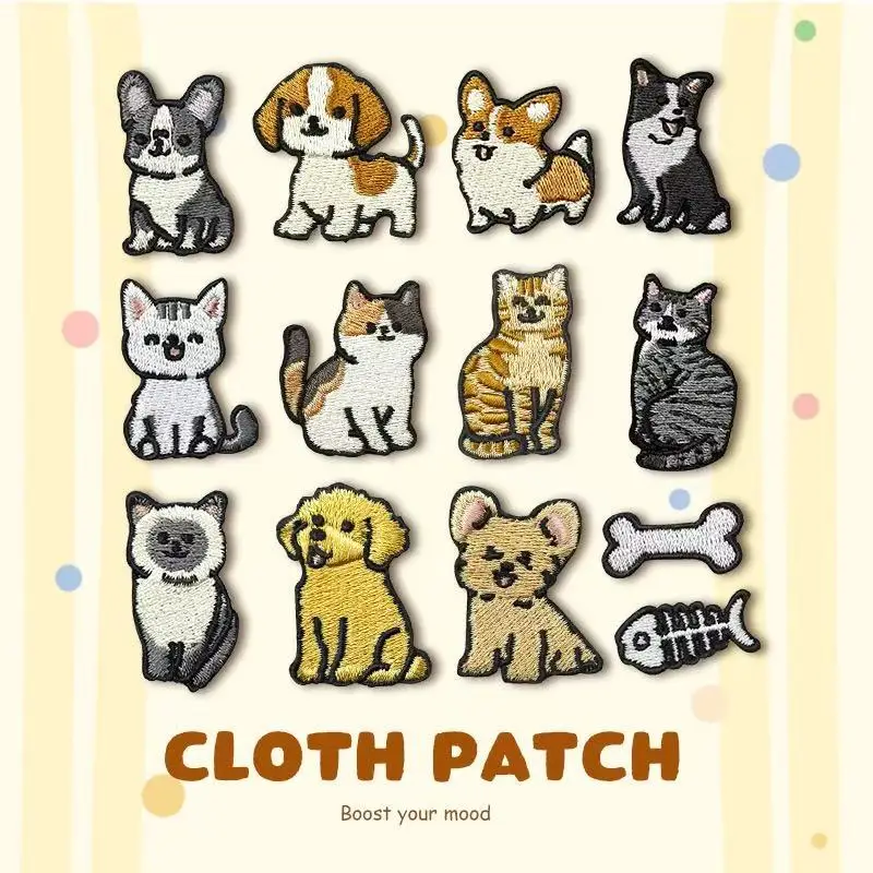 Wholesale Hot-Press Seamless Embroidered Fabric Patches, DIY Cute Patch Appliques, Cartoon Cat and Dog Iron-On Repair Patches