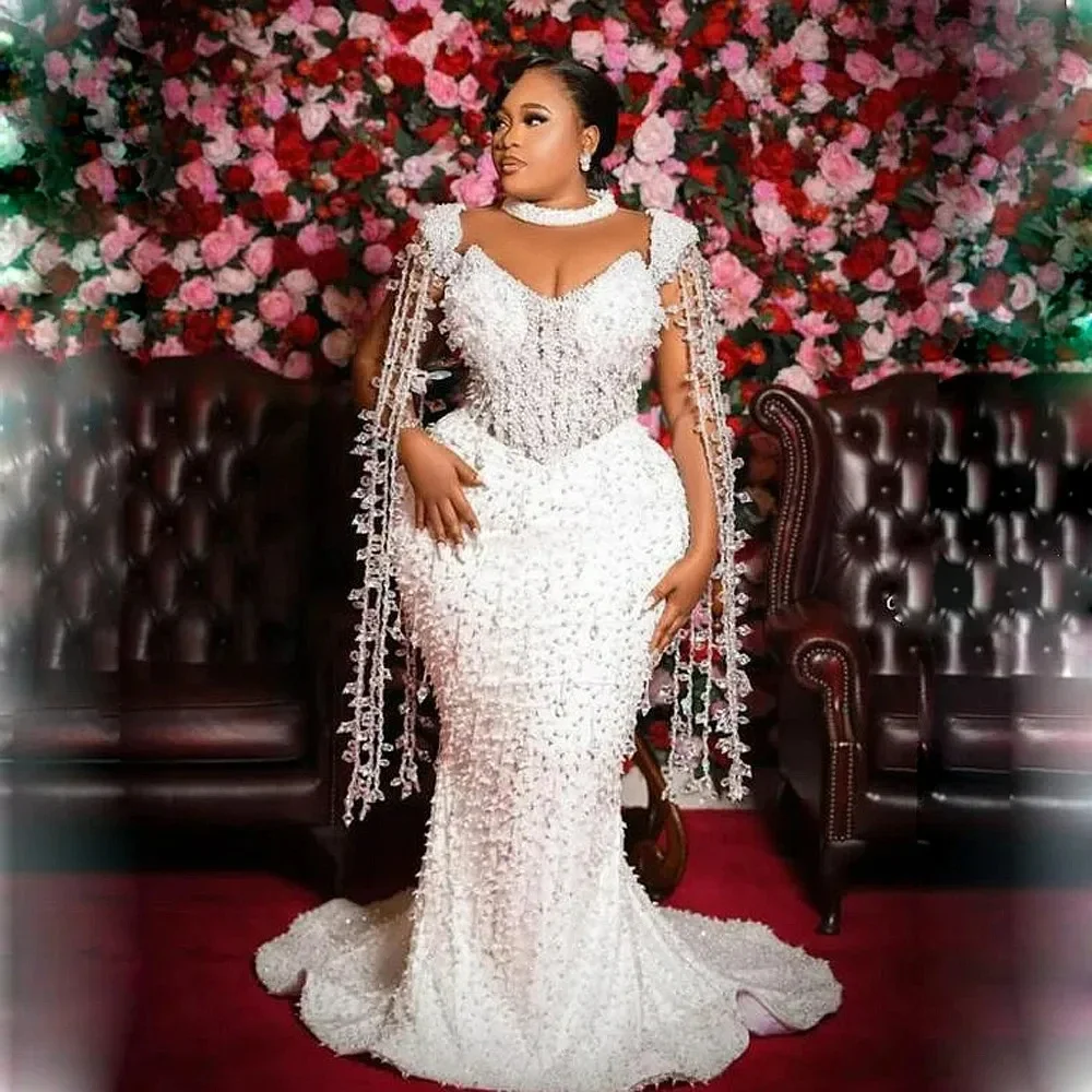 

Customized High Collar Sparkly Pearls Beads Wedding Dress Vestido De Noiva Plus Size Tassels African Bridal Gowns