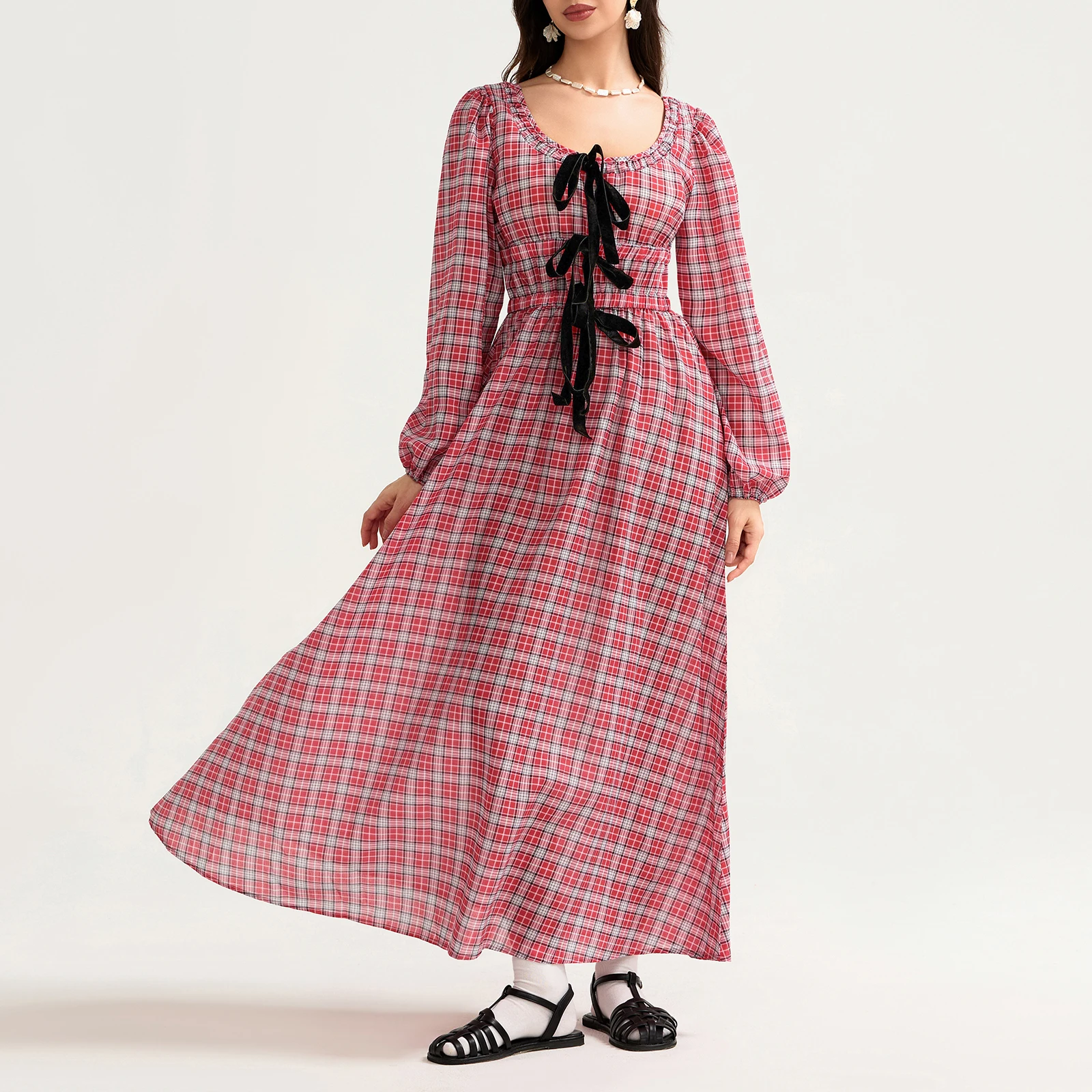 Women Long Sleeve Loose Long Dress Fashion Elegant 3D Bows Square Neck Plaid A-Line Fall Vintage Dresses