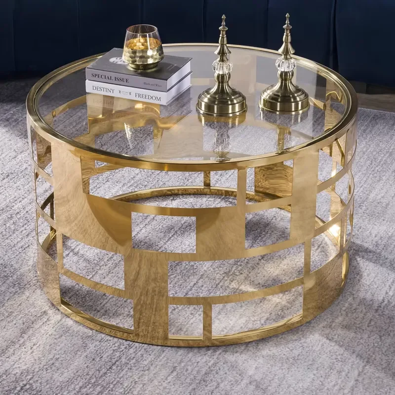New Arrival Stylish Gold Stainless Steel Side Frame Furniture Round Table Top Tempered Glass
