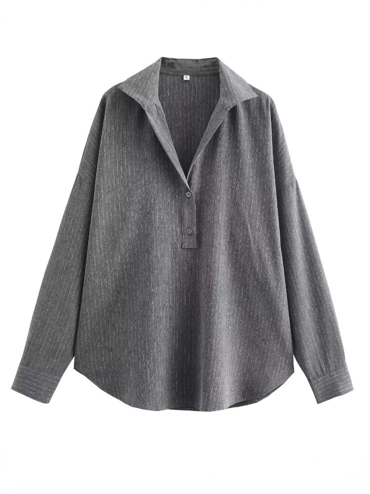

ZBZA Women's Vintage Striped Pullover Lapel Long-sleeved Single-breasted Loose Casual Office Lady Shirt Fall Winter Sweatershirt