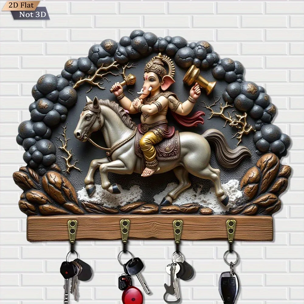 2D Flat Design, 1pc Riding a Horse Art Key Hook, Wooden Multi-Functional Home Key Holder, with Four Metal Hooks, Wall