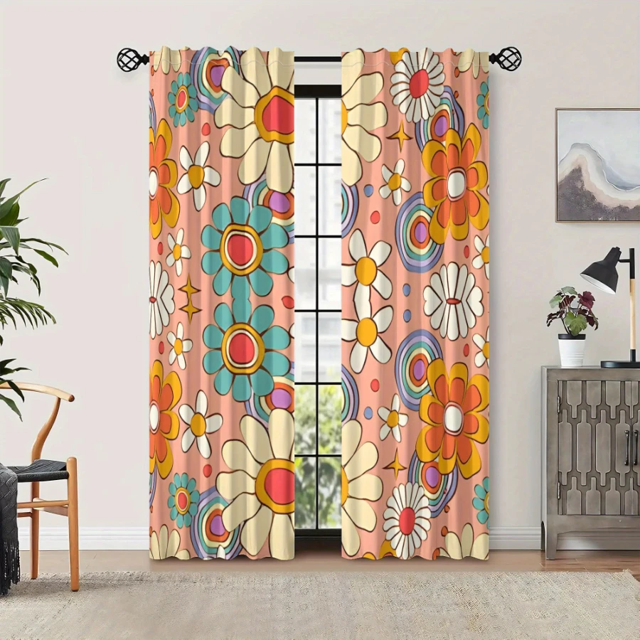 2PCS Digital Print  Curtain, Vintage Contrast Daisy, Rustic Farmhouse Window Treatment Drape for Bedroom Kitchen Decor