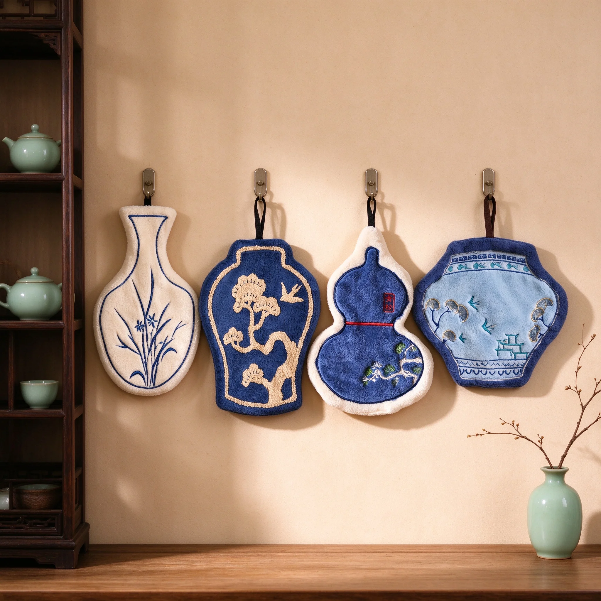 Classical Hanging Embroidered Hand Towel for Kitchen/Bathroom Absorbent Hand Cloth Vase-shaped Fabric Handkerchief